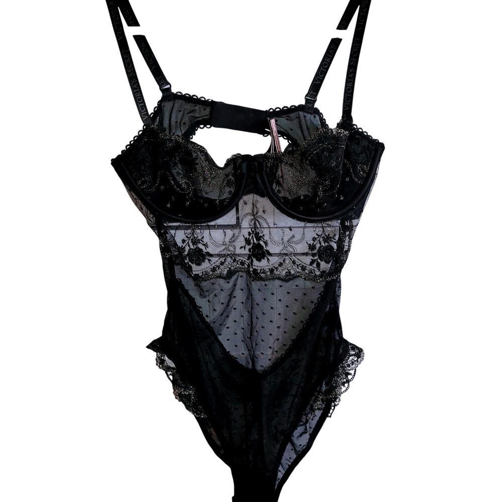 Victoria's Secret Black Gold Floral Embroidered Mesh Underwire Bodysuit S NEW - Picture 1 of 8
